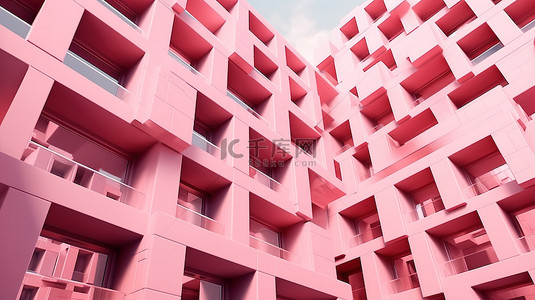 现代建筑设计抽象粉红色几何建筑，具有块图案和 3D 渲染