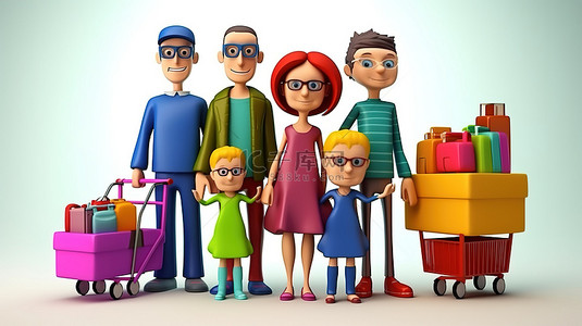 印度婦女背景图片_一个快乐的家庭一起购物的 3d 插图