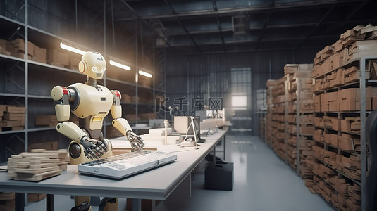 工厂机器人背景图片_机器人 3D 渲染在工厂环境中执行笔记本任务
