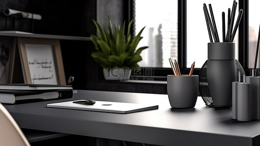 工作空间概念的 3D 渲染，带有深色色调的现代办公桌，具有复制空间