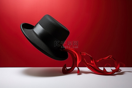 匠心筑梦工具画背景图片_红色丝带上挂着一顶黑色帽子