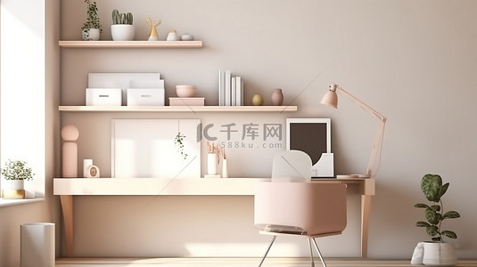 时尚简约办公室背景图片_时尚简约的家庭办公室设计与台式电脑 3D 渲染