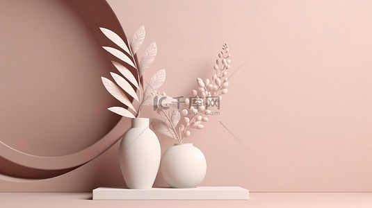 米色花瓶背景图片_简单的讲台，上面有粉彩米色和白色背景 3D 渲染上的叶子花瓶