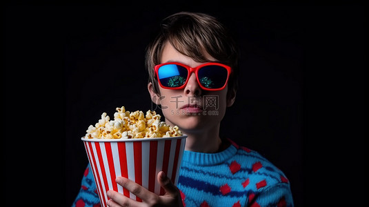 年轻人年轻人背景图片_戴着 3D 眼镜和爆米花在灰色背景下享受电影之夜