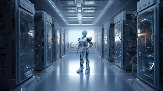 计算机图像背景图片_在数据中心 3d 渲染图像中运行的数字机器人