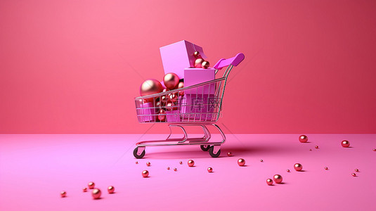 用于在线营销的充满活力的圣诞横幅背景，包括购物袋和礼品，以及粉红色背景 3D 渲染的购物车