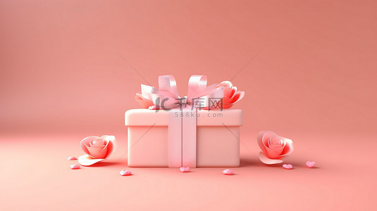 3D 渲染一个带有玫瑰和心的礼品盒，在粉红色柔和的背景下度过一个快乐的情人节