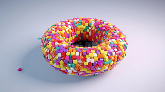 灰色背景 3D 渲染下充满活力的像素化甜甜圈设计