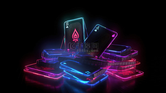 黑色背景扑克牌背景图片_黑色背景下赌场中发光霓虹灯二十一点扑克牌的 3D 插图