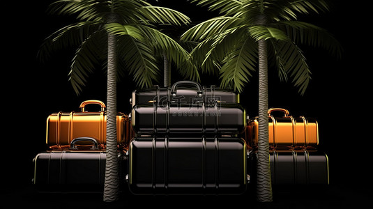 插画棕榈树背景图片_黑色背景装饰着 3D 手提箱和棕榈树