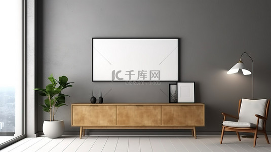 房屋简约灰色背景图片_木质电视柜和相框装饰着时尚简约的房间，灰色墙壁以 3D 呈现