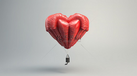 丘比特和心背景图片_在白色背景上分离的心脏和降落伞的 3D 渲染