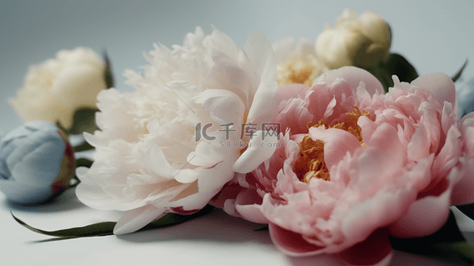 春天植物树木背景图片_新鲜的粉色白色芍药花背景