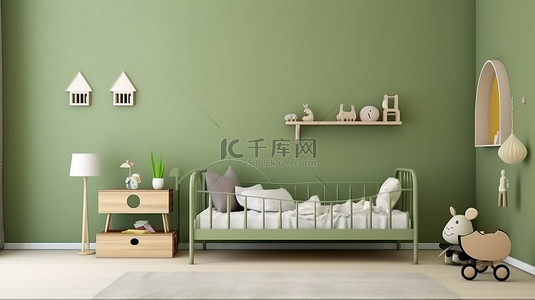 绿色当代儿童房的 3D 渲染，配有样机海报和床