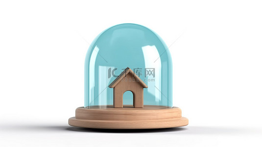 白色背景上带有房屋和玻璃圆顶的木制讲台的独立 3D 插图