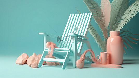 夏日海报背景背景图片_暑假沙滩椅和元素的简约 3D 渲染