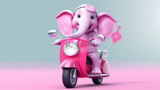 彩色 3D 大象骑着摩托车，举着牌子玩耍