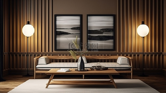 3d 渲染带木板条墙的现代客房客厅