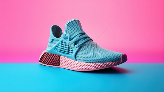 新设计的蓝色鞋子样机采用双色调，在充满活力的粉红色背景 3D 渲染上