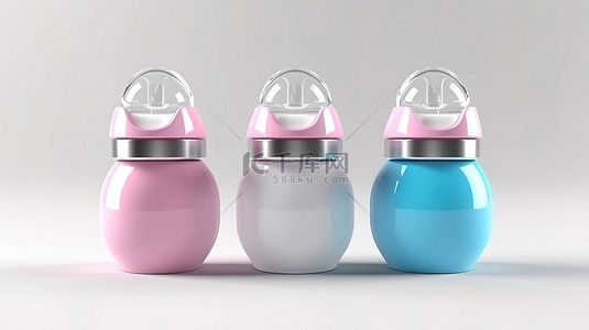未填充的粉色和蓝色婴儿奶瓶，白色背景 3D 渲染上带有奶嘴模型