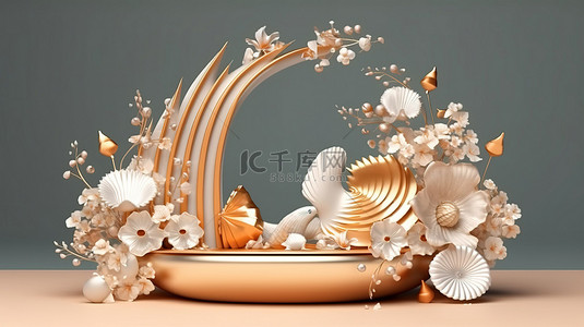 时尚奢侈品背景图片_精美的金色讲台，以令人惊叹的 3D 插图中的贝壳花和金色鸟类为特色