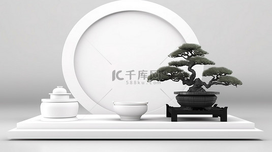 树抽象背景图片_白色背景下抽象日本讲台和盆景树的 3D 插图