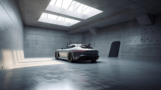 未来不再未来背景图片_在 3D 渲染建筑中的空混凝土地板上展示未来派汽车