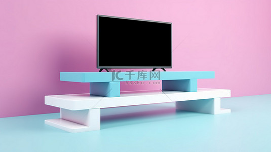 平板支撑背景图片_粉色和蓝色背景的白色咖啡桌，支撑着一台大型 3D 平板电视