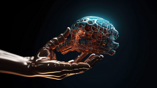 机器人脑背景图片_紧握人工大脑的机器人手的 3D 渲染
