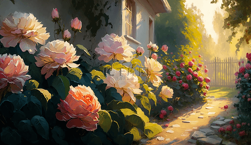 中国画花背景图片_阳光下的芍药花小路花园花卉背景