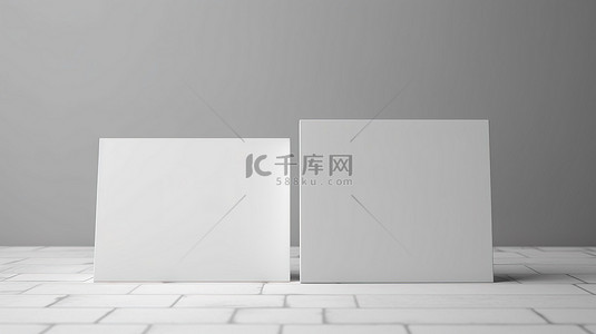 名片样机白色背景图片_3D 渲染的样机模板，两张名片靠在墙上