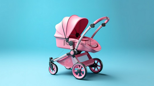 蓝色背景上现代粉色婴儿车婴儿车的 3D 渲染