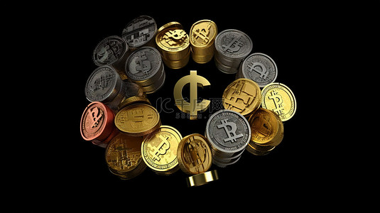 世界主要货币交易所的 3D 渲染，黑色背景和可用复制空间描绘外汇交易和投资概念