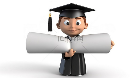 卡通毕业证背景图片_白色背景下孤立地握着文凭的卡通手的 3D 插图
