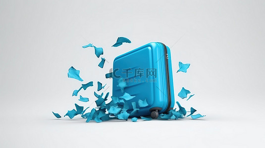 创意旅行概念蓝色手提箱在白色背景下翱翔，配有塑料袋 3D 插图