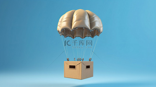 快递商背景图片_蓝色背景上的航运概念跳伞纸板箱的 3D 插图