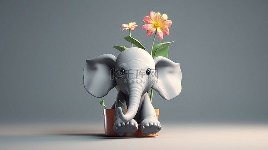 象大象背景图片_可爱的大象和花盆 3d
