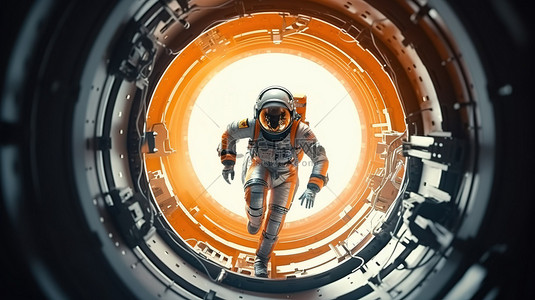 太空冒险家冲刺穿过太空门隧道，奔向展示尖端技术 3D 渲染的新隔间