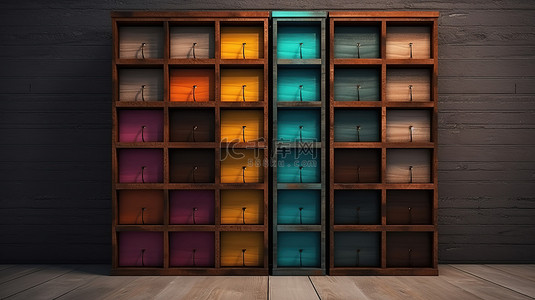 带鞋架和展示柜的彩色木质储物柜的 3D 渲染