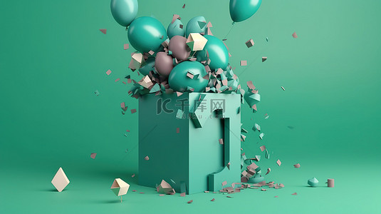 充满活力的生日狂欢在 3d 爆炸性礼品盒中释放出数字 7，绿色背景上的气球纸屑干净简约的渲染