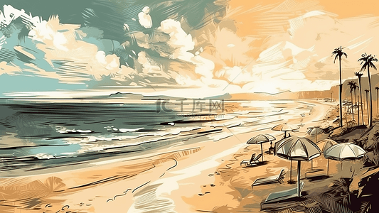 雨伞背景图片_旅游海边沙滩背景插画