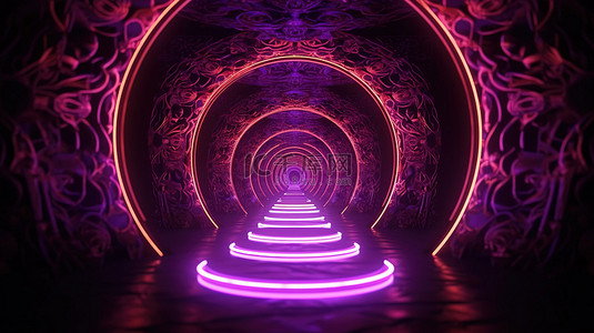 神秘隧道内的 4k 超高清 3D 插图中发光的霓虹灯球体带有充满活力的紫色设计