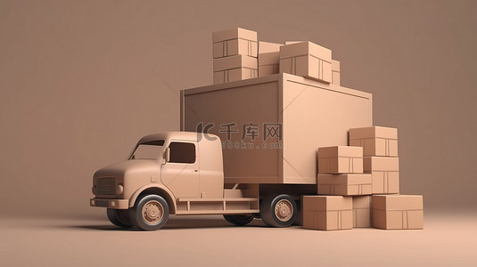 卡车从棕色盒子中出现，说明 3D 交付和物流概念
