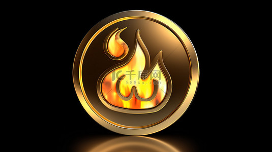 哑光金色背景上的火焰徽章闪闪发光的火焰标志 3D 渲染的社交媒体图形