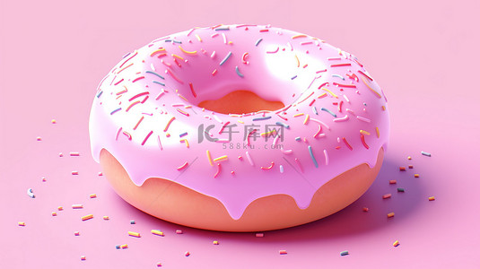 3d 渲染中的磨砂洒甜甜圈放置在粉红色背景上，非常诱人