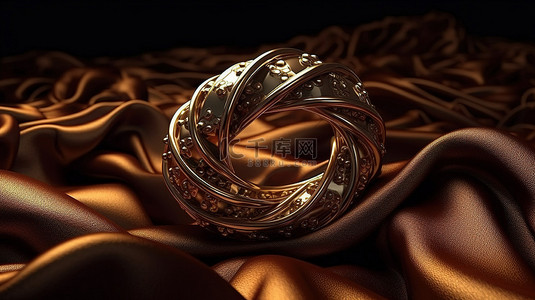 抽象背景 3d 渲染中的金戒指和棕色布