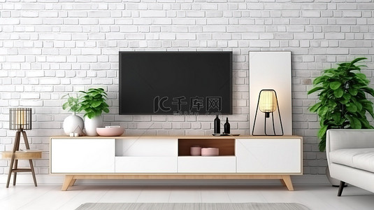 现代电视柜，配有白砖墙台灯相框和植物 3D 渲染
