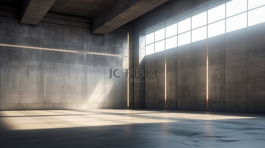 带有混凝土墙和地板的抽象工业大厅设有一个高架空舞台，从上方照明用于演示 3D 渲染模型