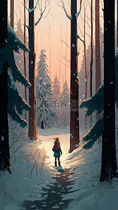 森林雪地夕阳小女孩卡通背景