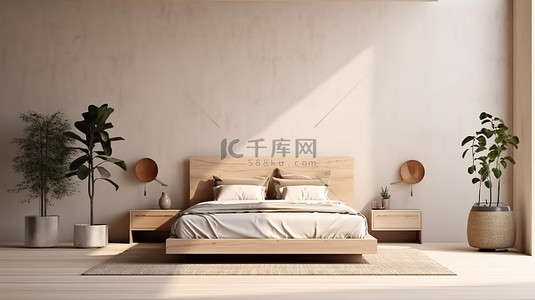 现代卧室室内设计中舒适时尚的简约风格木床的 3D 渲染